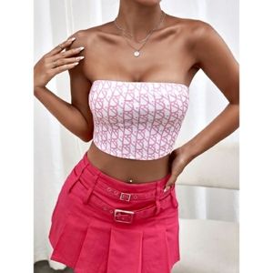 SHEIN Fuchsia All Over Repeat Print White Tube Top Cropped Magenta New